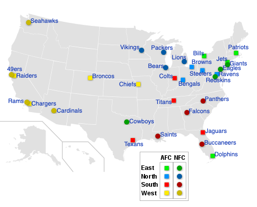 screenshot of wikipedia map showing location of NFL teams