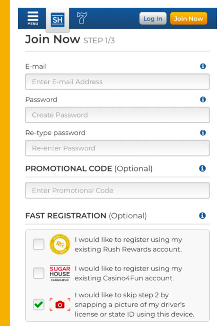 SugarHouse Join Now Requirements Step 1 mobile app fast registration