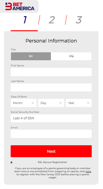 BetAmerica Sign up Personal Information Page 1