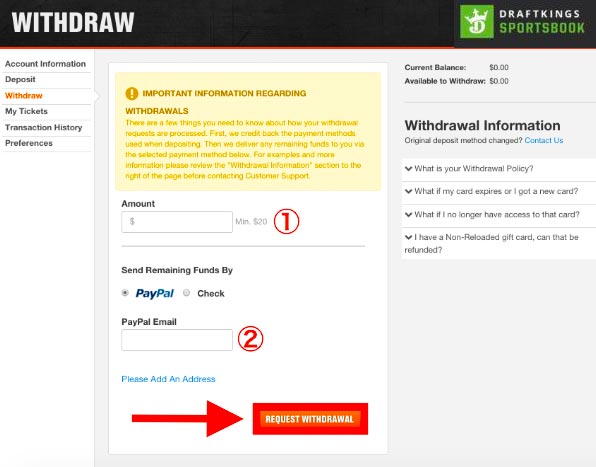 Draftkings Withdrawal Page