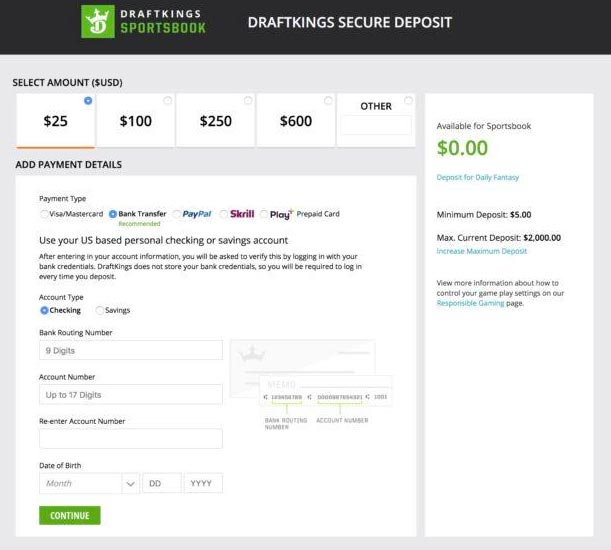 Draftkings Deposit Page