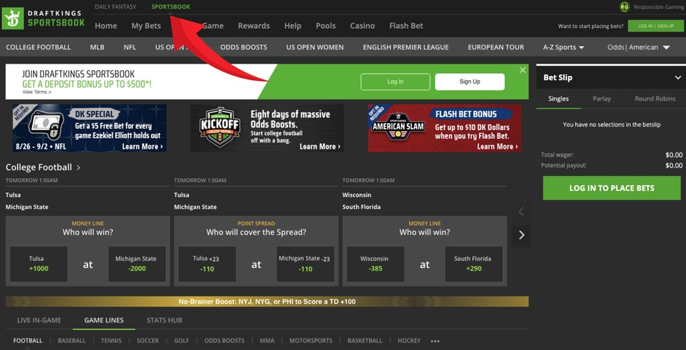 Draftkings Homepage Sportsbook Tab