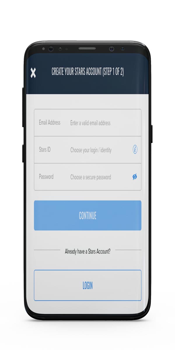 Create your stars account step 1 of 2