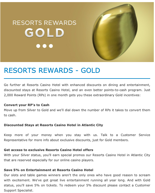 Resorts reward tier chart screenshot gold tiers