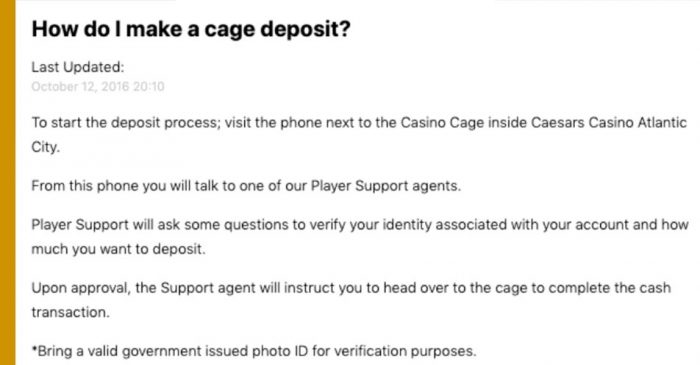 deposit at the casino cage