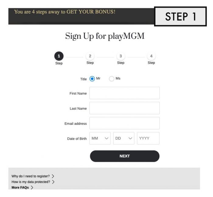 playMGM Sign Up Requirements Step 1